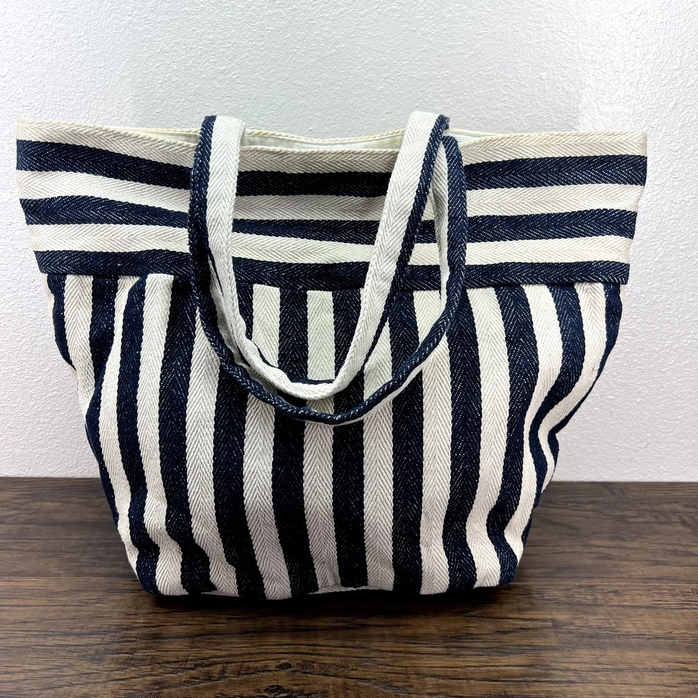 J Jill Handbag Tote Large Navy Striped‎ Slouchy Cotton Shoulder Bag Travel